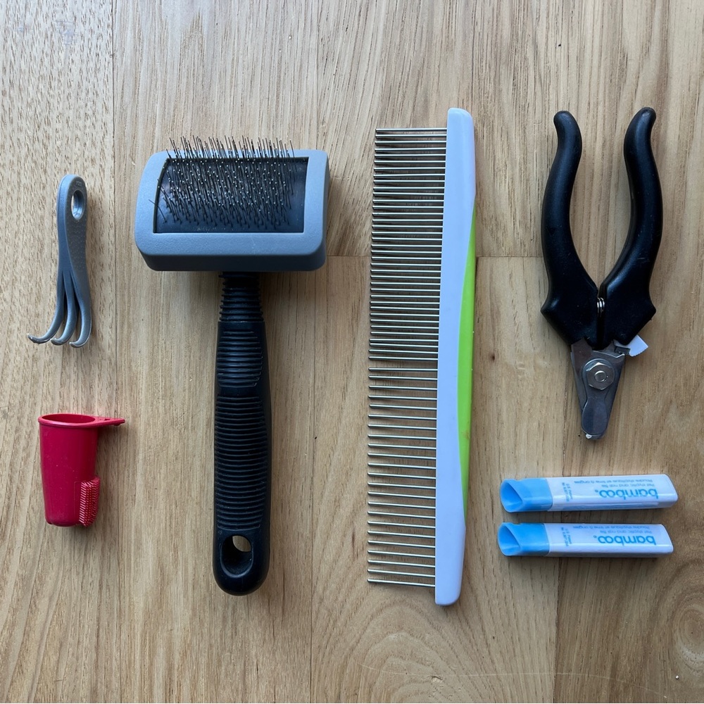 Pet Grooming Tools: Brush, Comb, Nail Clippers, Styptic Powder, Teeth Cleaner